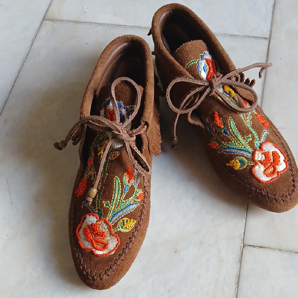 TORY BURCH Embroidered Beaded Brown Suede MOCCASINS